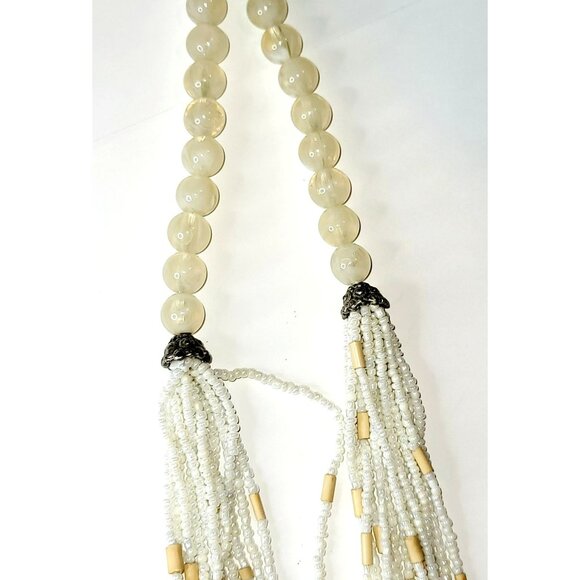 Waterfall Necklace 16" White and Tan Glass Micro Bead 12 Strand Jewelry CT223 - Picture 4 of 5